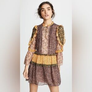 Ulla Johnson Multi‑Print Floral Ruffled Mini Dress in Brown, Yellow, Green